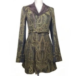 Free People Green Jacquard Tapestry Belted Coat